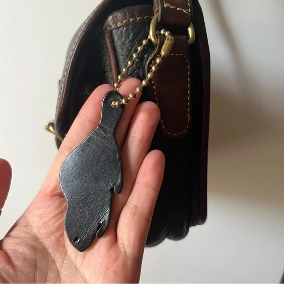 Vintage Roots Saddle Black Leather Crossbody with Brown Trim and Brass Buckle - Picture 9 of 11